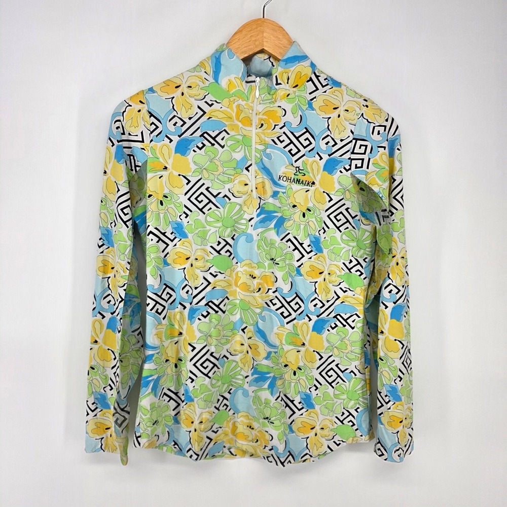 IBKÜL Quarter Zip Sun Shirt Womens S Blue Yellow Floral Golf Performance Top